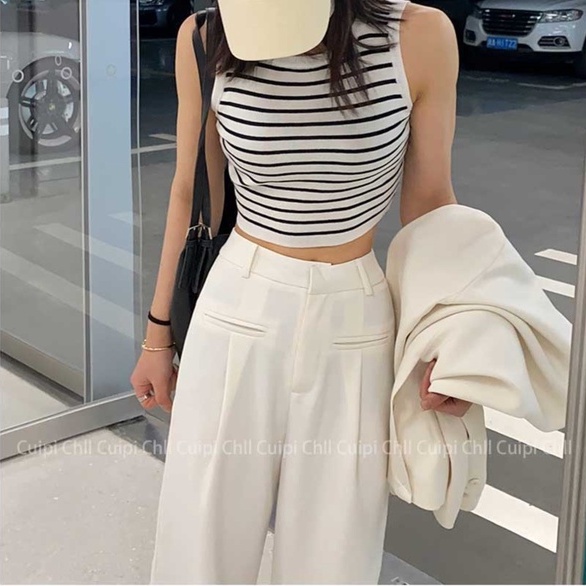 Áo croptop ZHELIHANGFEI dệt kim không tay vải lụa mát họa tiết kẻ sọc bắt mắt cho nữ