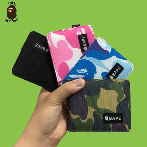 [Ảnh thật] Ví Bape ngắn fullbox hàng Best Quality, Bóp Bape gấp đôi 4 màu Đen, Camo (Green, Blue, Pink) Chất liệu Canvas