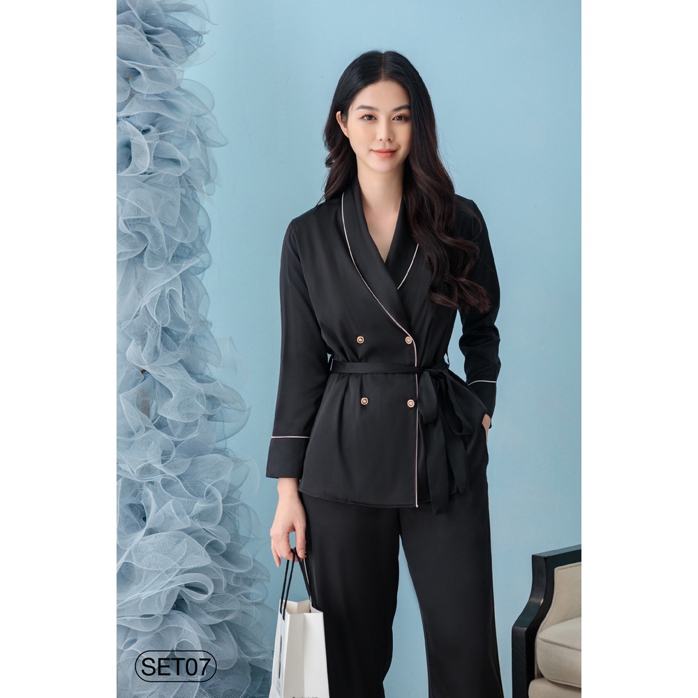 Bộ mặc nhà satin ZAM Luxury - SET07 - áo dài tay quần dài đen trơn