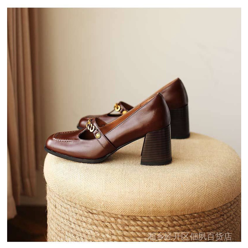 Giày Cao Gót Mũi Vuông Đế Dày Phong Cách Retro Pháp Thời Trang Xuân Thu 2022 Mới