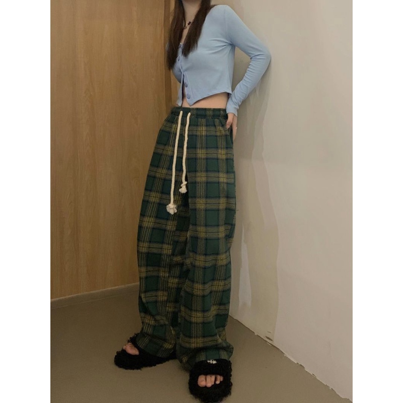 Ethelgirl Quần Dài Ống Rộng Họa Tiết Sọc Caro Phong Cách Retro Anh Quốc