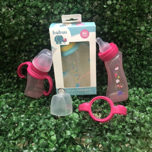 BÌNH SỮA NHỰA PES CỔ NGHIÊNG CHỐNG ĐẦY HƠI BABUU BABY KÈM TAY CẦM 90L/180ML  NHẬT BẢN