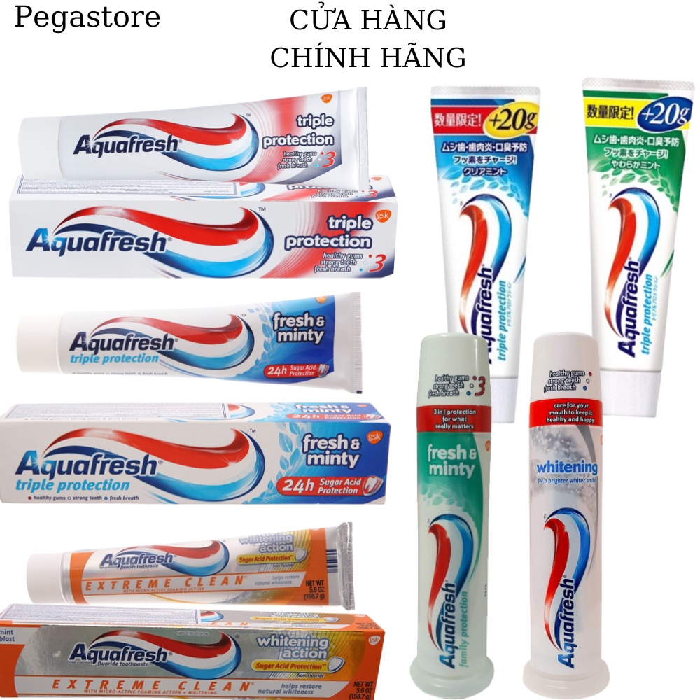 Kem đánh răng Aquafresh Mỹ / Nhật kem đánh trắng răng Bạc Hà/Whitening Action/Triple Protection