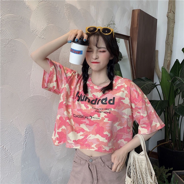 Áo Croptop Tay Ngắn Cổ Tròn In Họa Tiết Phong Cách Hàn Quốc Cho Nữ