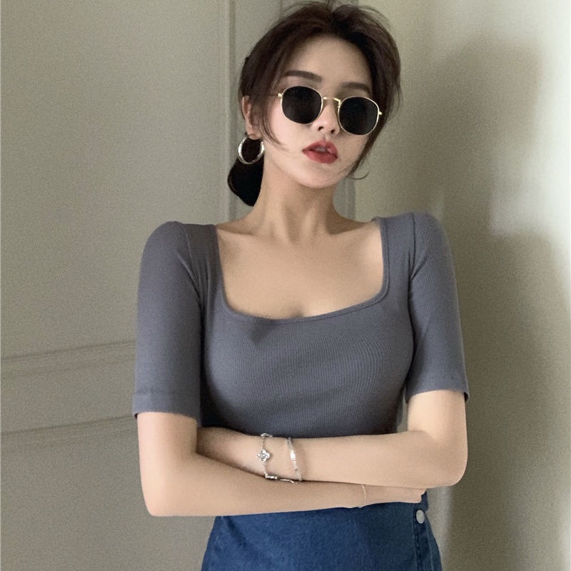 Áo Thun Tay Ngắn Cổ Vuông Hở Xương Quai Xanh Đơn Giản Thời Trang Xuân Hè Hàng Mới Dành Cho Bạn Nữ 2022