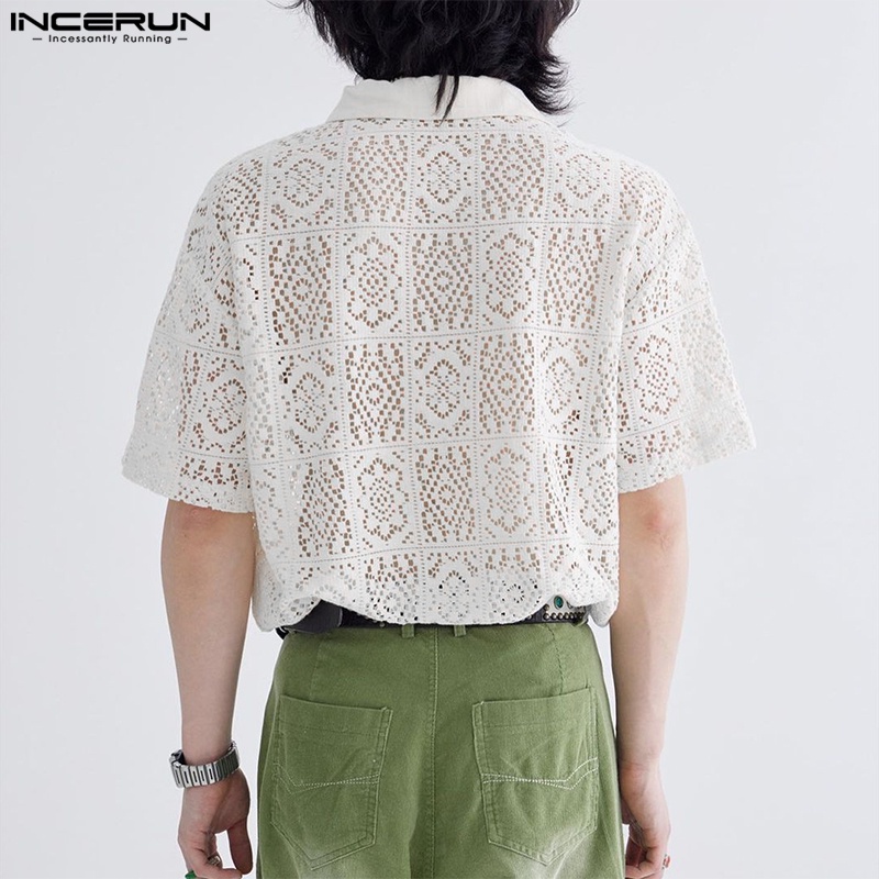 Áo sơ mi INCERUN tay ngắn in hoa phối lưới ren hợp thời trang cho nam