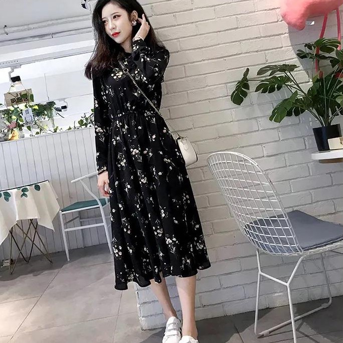 Korean style classic long-sleeve floral chiffon dress