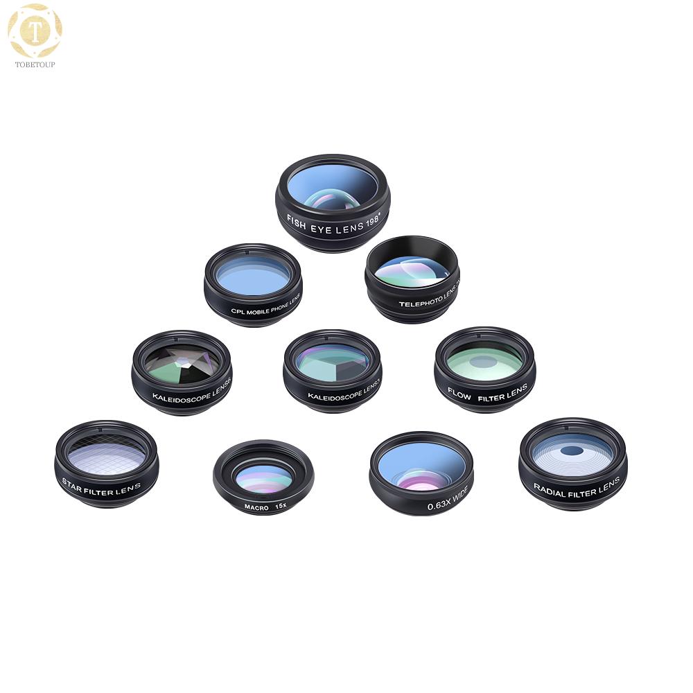 Shipped within 12 hours】 APEXEL 10 in 1 Phone Camera Lens Kit with 0.63X Wide Angle + 15X Macro + 198°Fisheye + 2X Telephoto + CPL + Star Filter + Radial Filter + Flow Filter + Kaleidoscope 3 + Kaleidoscope 6 Compatible with Android iPhone Smartphon [TO]