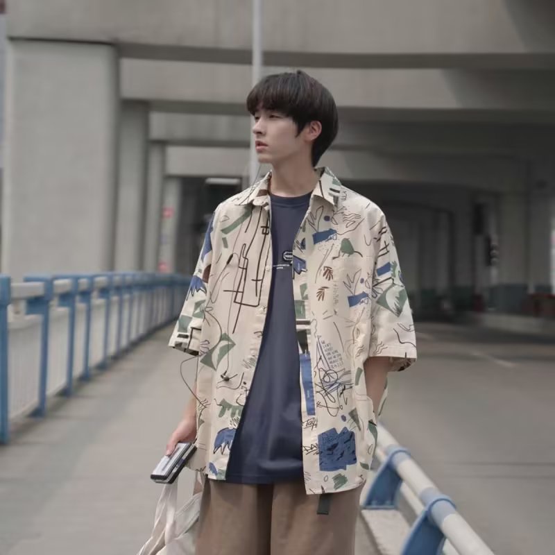 Áo Sơ Mi Mùa Hè Dáng Rộng Tay Ngắn In Hoạ Tiết Graffiti Thời Trang Mùa Hè Mới 2022 Cho Nam