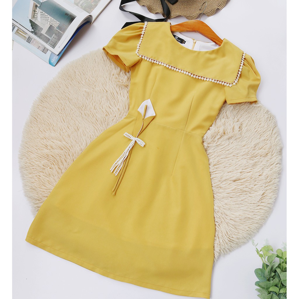 Đầm vàng công sở nữ thiết kế dáng chữ a dễ thương tay ngắn vải lụa cao cấp - Thời trang Lux W