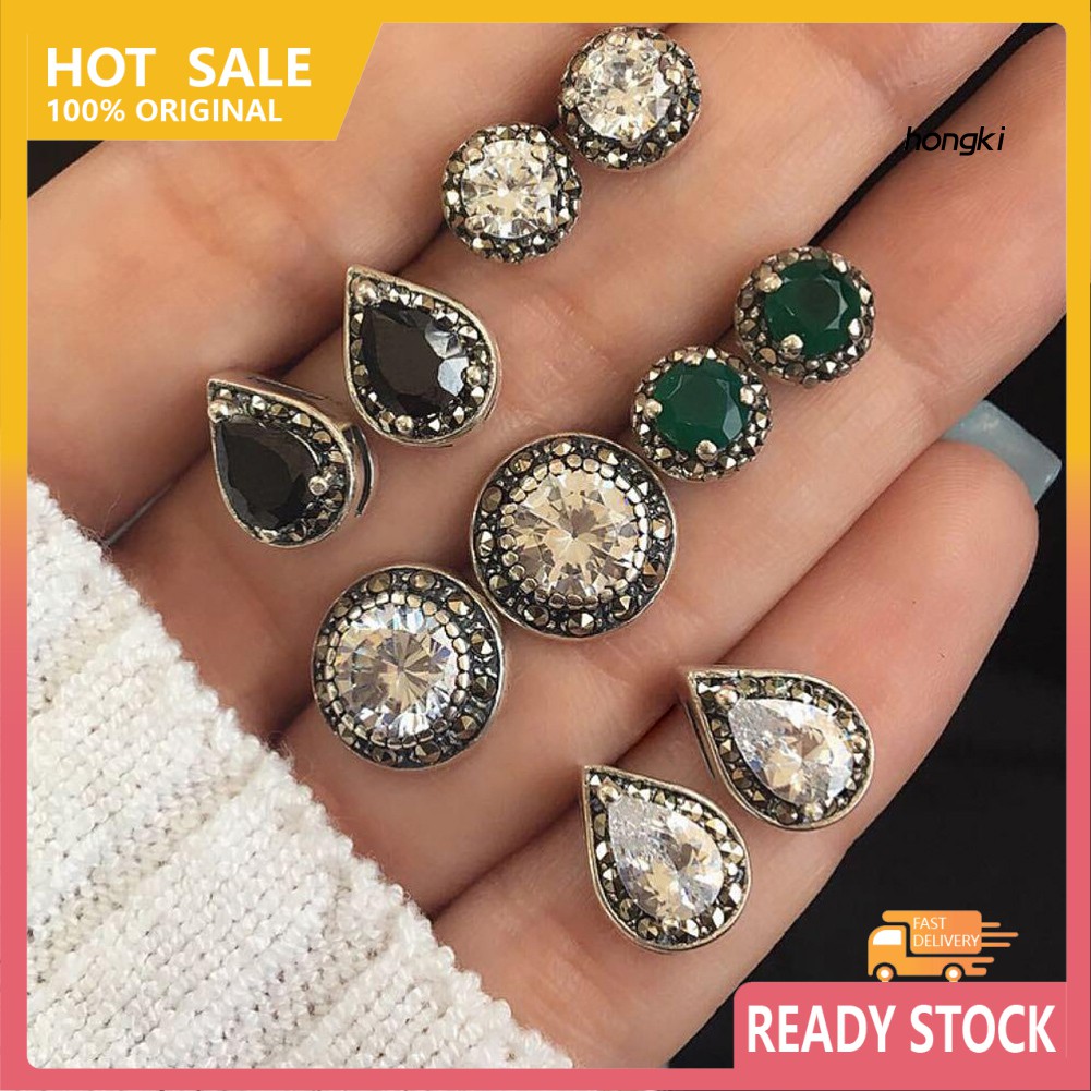 Set 5 đôi khuyên tai hình tròn/hình giọt nước đính đá giả phong cách retro thời trang cho nữ