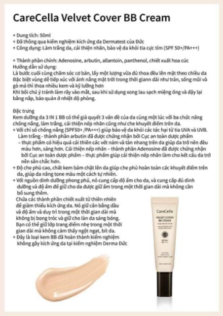 Kem CareCella Vetvet cover BB Cream 50mi, sỉ, CTV ib | BigBuy360 - bigbuy360.vn