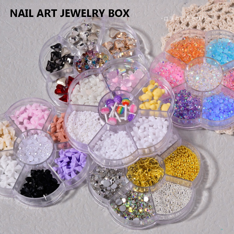 Hộp 7 ngăn phụ kiện đính móng tay, nhiều kiểu khác nhau, phụ kiện nail salon