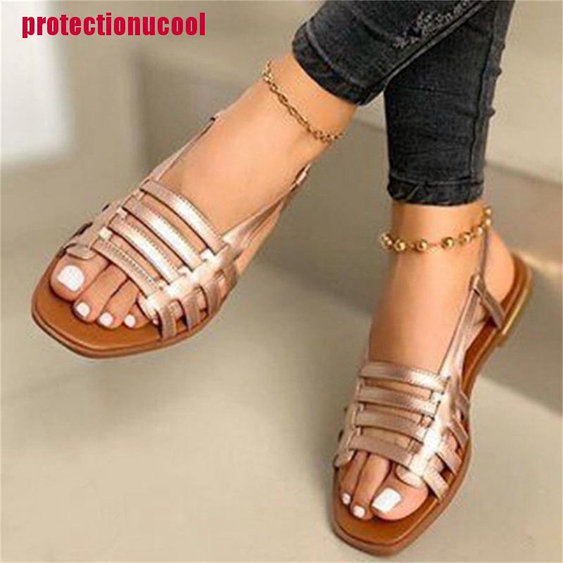 [procoolVN]Women Flat Sandals Flat Shoes Round Toe Slipper Adjustable Buckle Strap Sandals