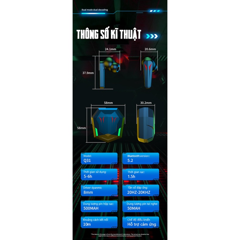 Tai nghe bluetooth gaming Q31 tai phone không dây nghe nhạc nhét tai thể thao chơi game không độ trễ chống ồn chủ động