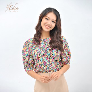 Áo Kiểu Nữ Thời Trang Eden Họa Tiết Hoa Dáng Suông Cổ Tròn Phối Nút - ASM100