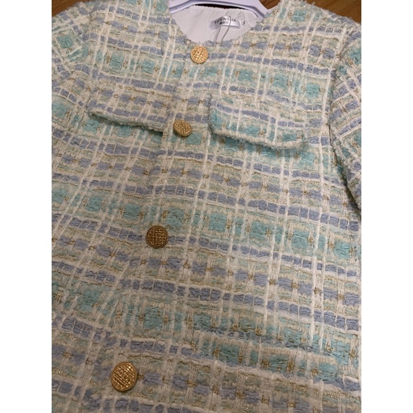 Áo Khoác Dạ Tweed Dáng Dài Xanh Ngọc Cúc Vàng