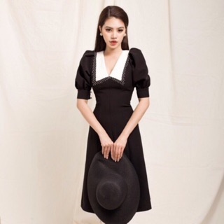 anh that Đầm dự tiệc cổ vest dáng xoè phối trắng