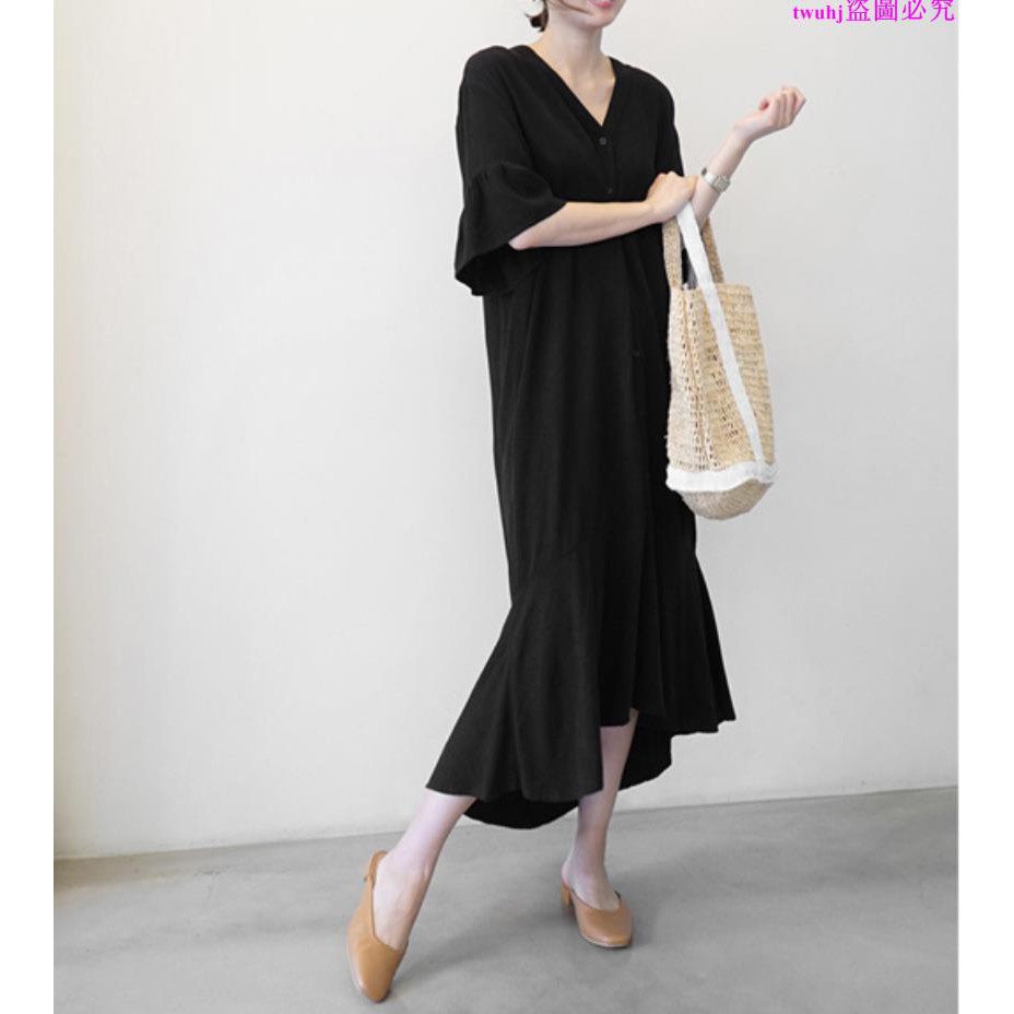 Đầm Cotton Lanh Tay Lỡ Cổ Chữ V Form Rộng Phong Cách Hàn Quốc
