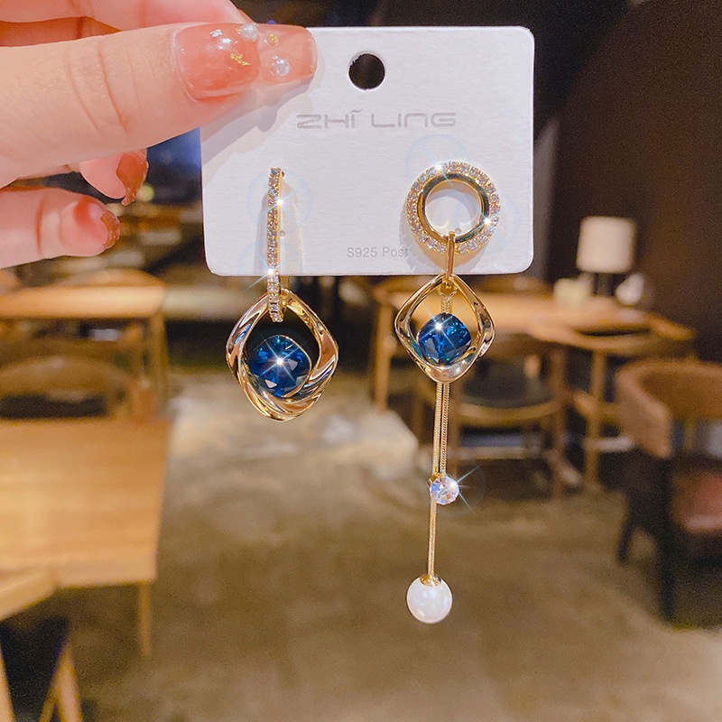 Bông Tai Mạ Bạc 925 Đính Đá Xanh Dương Phong Cách Hàn Quốc Thời Trang