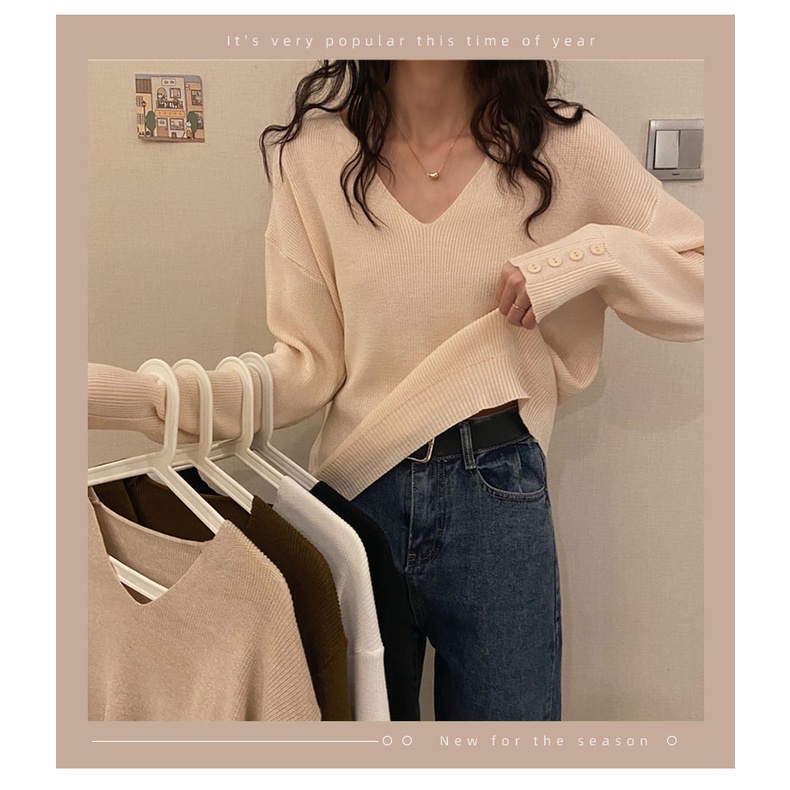 Áo Sweater Dệt Kim Cổ Tim Xinh Xắn Cho Nữ 173069Áo Cổ Thấp Dáng Rộng Màu Sắc Đơn Giản Phong Cách Hàn Quốc