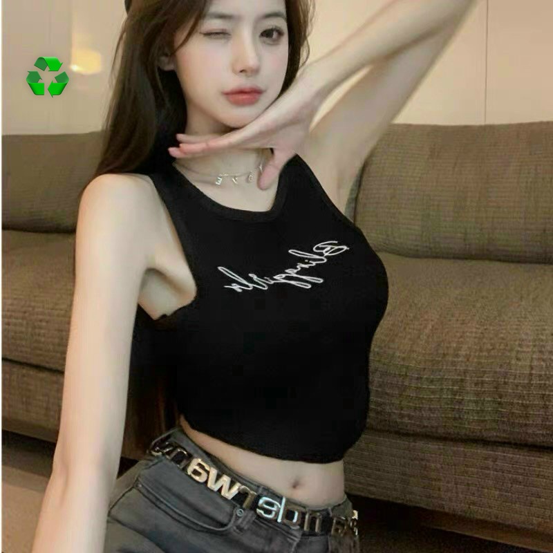 Áo ba lỗ nữ 2 dây bản to dáng ngắn kiểu croptop in chữ hot 40