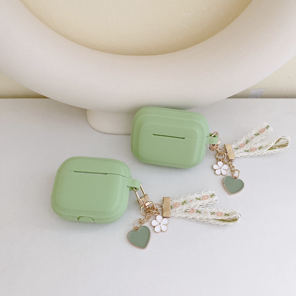 Vỏ Bảo Vệ Hộp Sạc Tai Nghe Airpod 1 2 3 pro Bằng tpu Mềm Hình Vuông Màu Xanh Matcha Phối Vải Họa Tiết Trái Tim