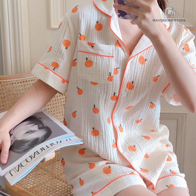 Bộ đồ ngủ cotton họa tiết quả cam dễ thương phong cách Hàn Quốc thời trang mùa hè mát mẻ cho nữ