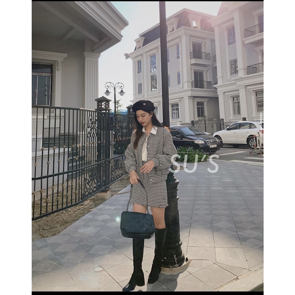 Set áo khoác dạ kẻ tay bồng kèm chân váy viền tua rua 247store.vn - mã 6062