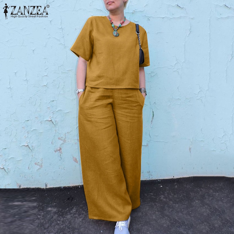 Bộ áo thun tay lỡ cổ tròn + quần dài ống rộng ZANZEA thời trang cho nữ