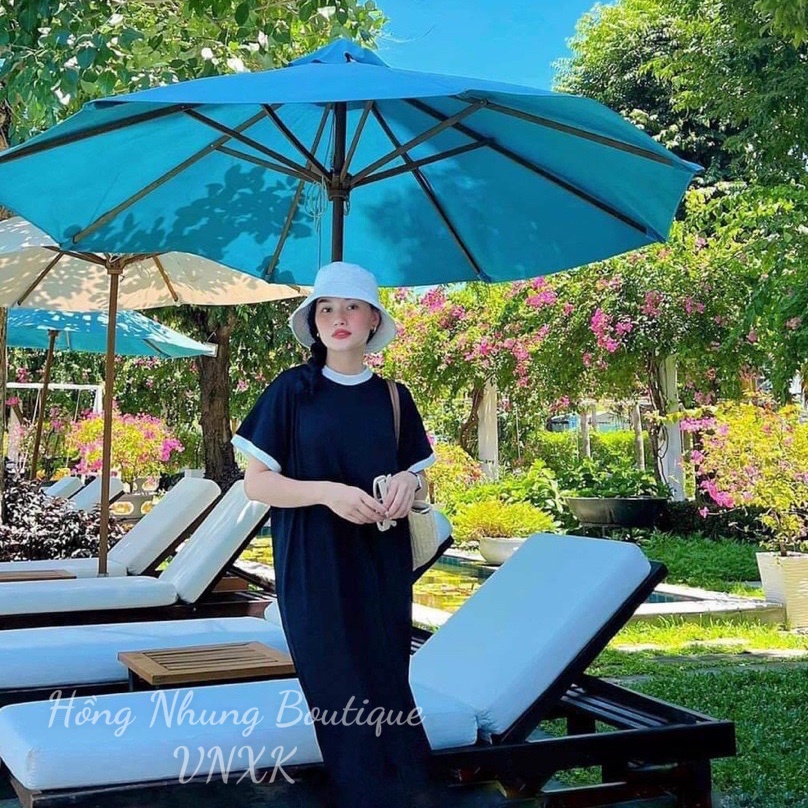 Váy Suông dài bigsize nữ , Váy cổ phối 3 màu Ghi, Đen, Kem