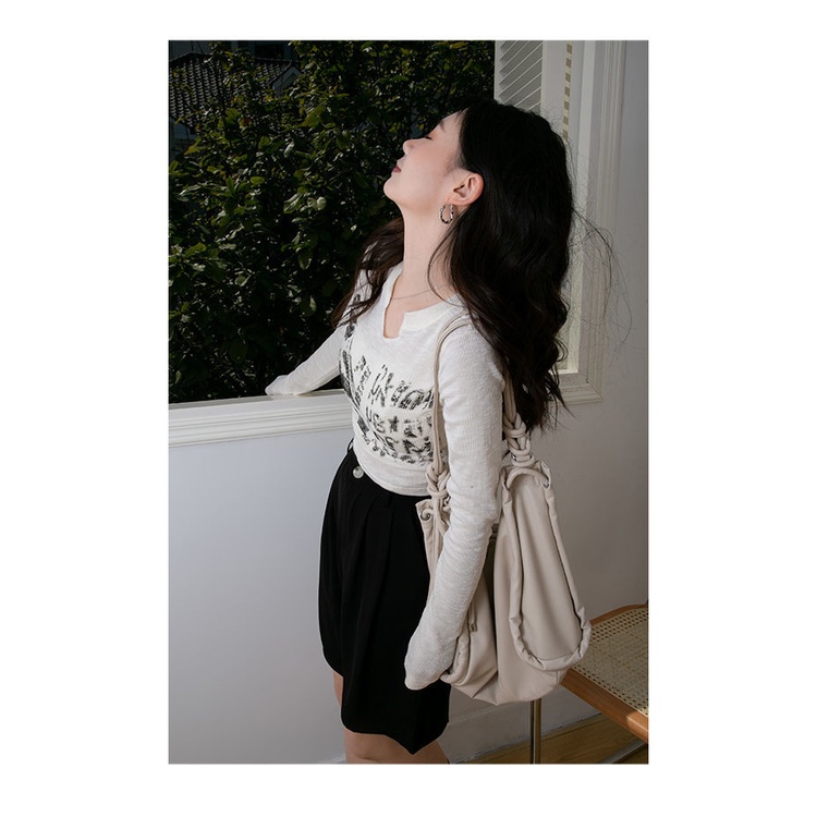 Áo Thun cotton Mỏng Tay Dài Cổ Chữ v Ôm Dáng In Chữ Thời Trang Mùa Xuân Hàn Quốc 2022 Cho Nữ