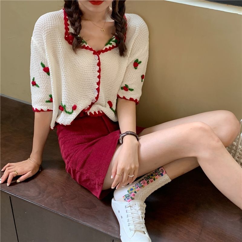 Áo khoác cardigan dệt kim mỏng tay ngắn thêu họa tiết phong cách retro Pháp thời trang xinh xắn cho nữ