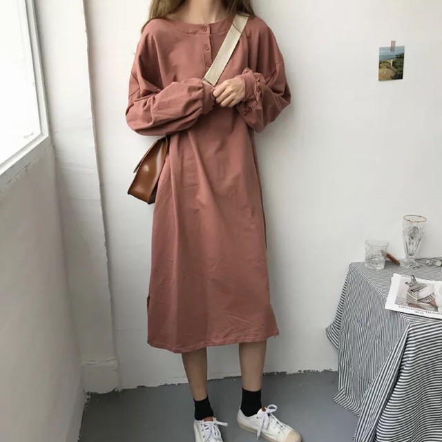 [Sẵn Nude, đen, hồng ] Đầm tay dài ulzzang / đầm suông dài | BigBuy360 - bigbuy360.vn