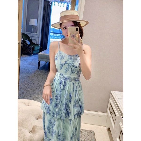 ĐẦM MAXI TẦNG 2 DÂY HOA XANH DẬP LY