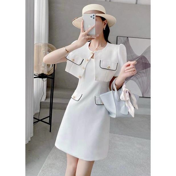 Đầm váy nữ ba lỗ phối viền mix áo khoác ngoài croptop đính nút xinh xắn, sang chảnh dành cho các nàng yêu đi chơi