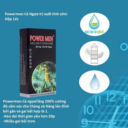 Powermen bao cao su cá ngựa kéo dài thời gian, giảm xuất tinh sớm made in korea ( hộp 12 chiếc )