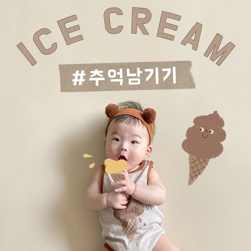 Bộ Áo Liền Quần Không Tay In Hình Que Kem Socola + 1 Băng Đô Dễ Thương Cho Bé Sơ Sinh