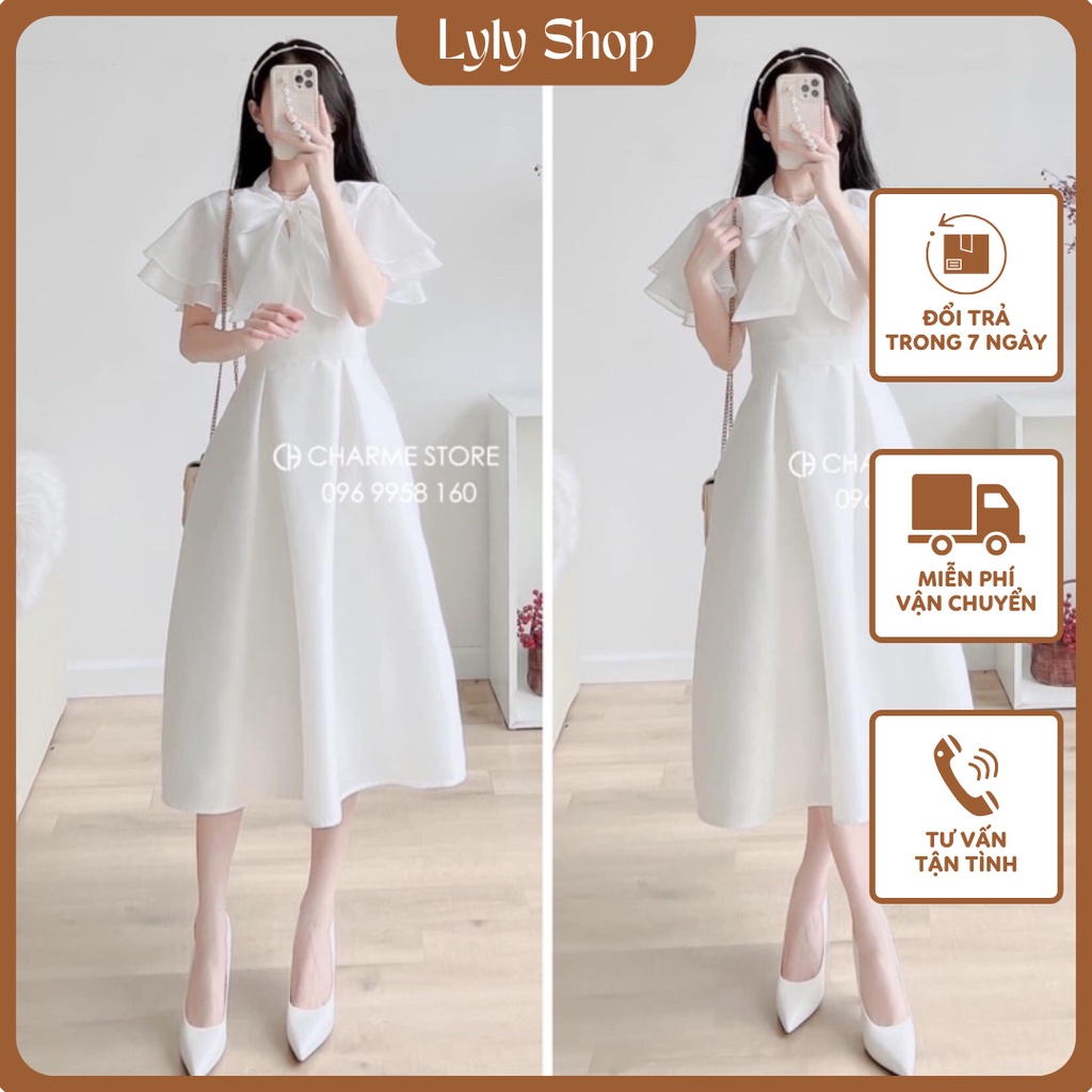 Đầm  Tay Tiên Thắt Nơ Cổ H18 chất vải tafta phù hợp đi tiệc, đám cưới, sinh nhật