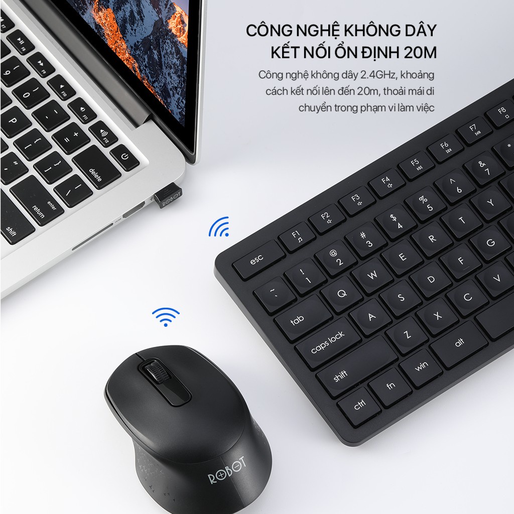 Bộ Bàn Phím Không Dây Và Chuột Không Dây ROBOT KM4000 2.4GHz - Chuột Tĩnh Âm Độ Phân Giải 1600DPI