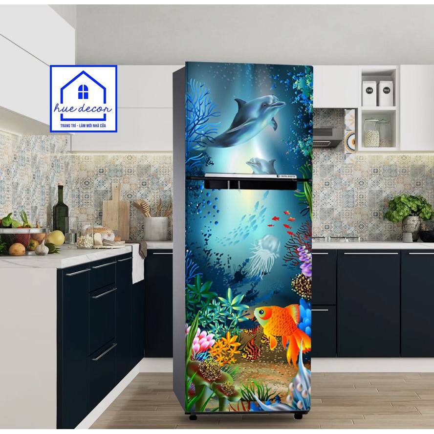 Decal dán tủ lạnh - máy giặt 3D cá Heo đại dương thương hiệu HUE DECOR chống nước