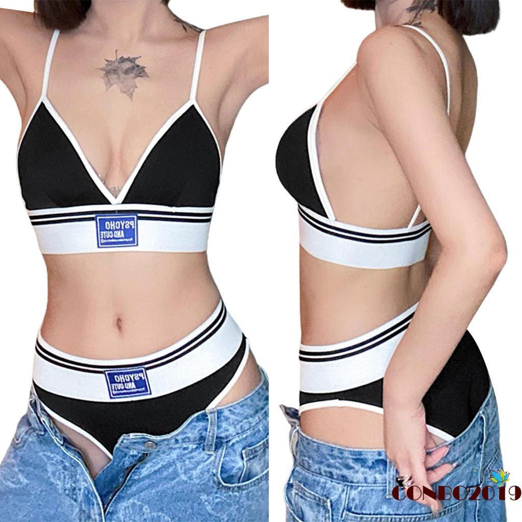 HGM-2Pcs Women Underwear Suit, Letters Embroidery Spaghetti Strap Bra + High-Waist Briefs for Girls, Black