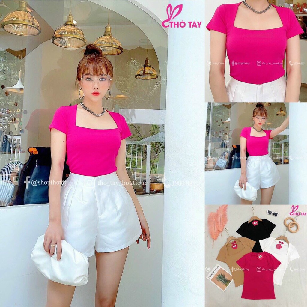 Áo thun borip cổ vuông tay ngắn ôm body crotop LL | BigBuy360 - bigbuy360.vn