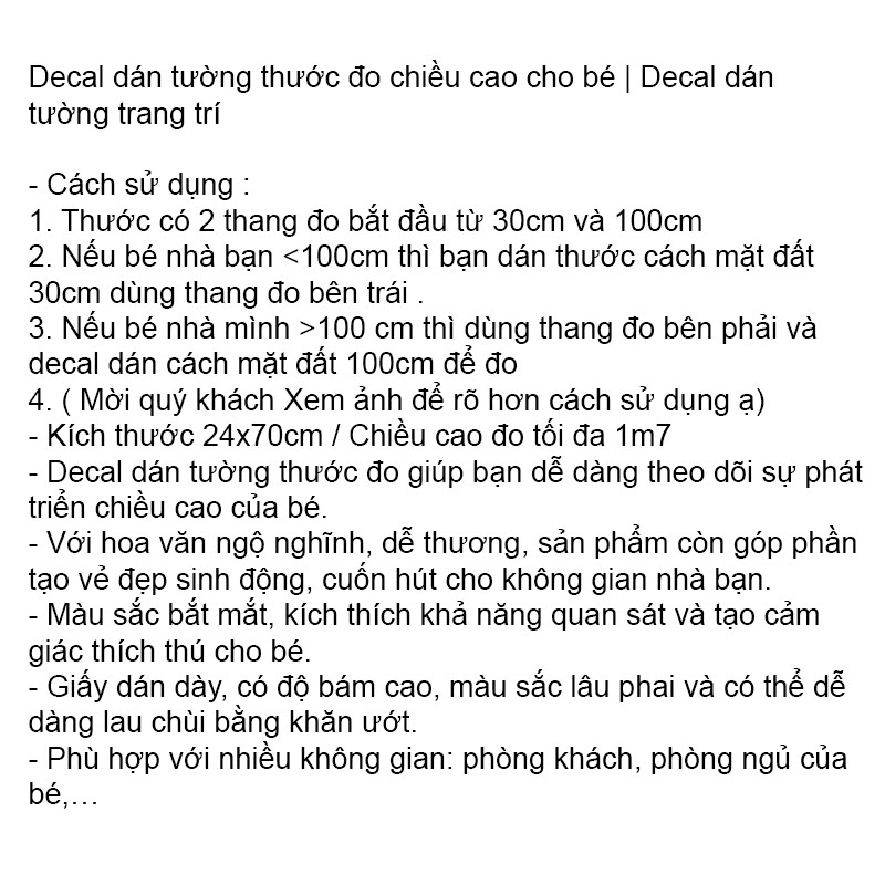 Decal Dán Tường Đo Chiều Cao Cho Bé - Decal Trang Trí Dễ Thương Duashop (ngẫu nhiên)