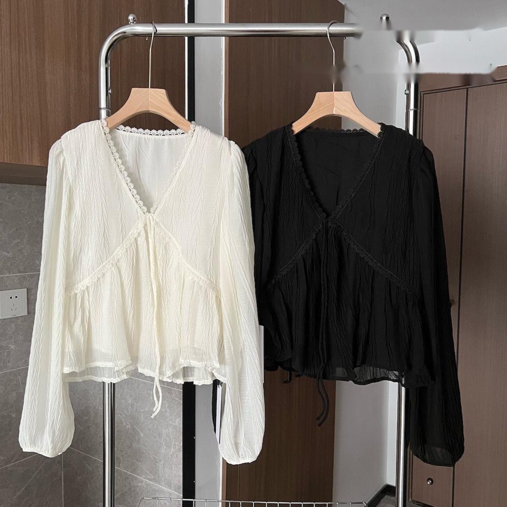 Áo Sơ Mi chiffon Phối Ren Cổ Chữ v Tay Dài Phong Cách Hàn Quốc Mới