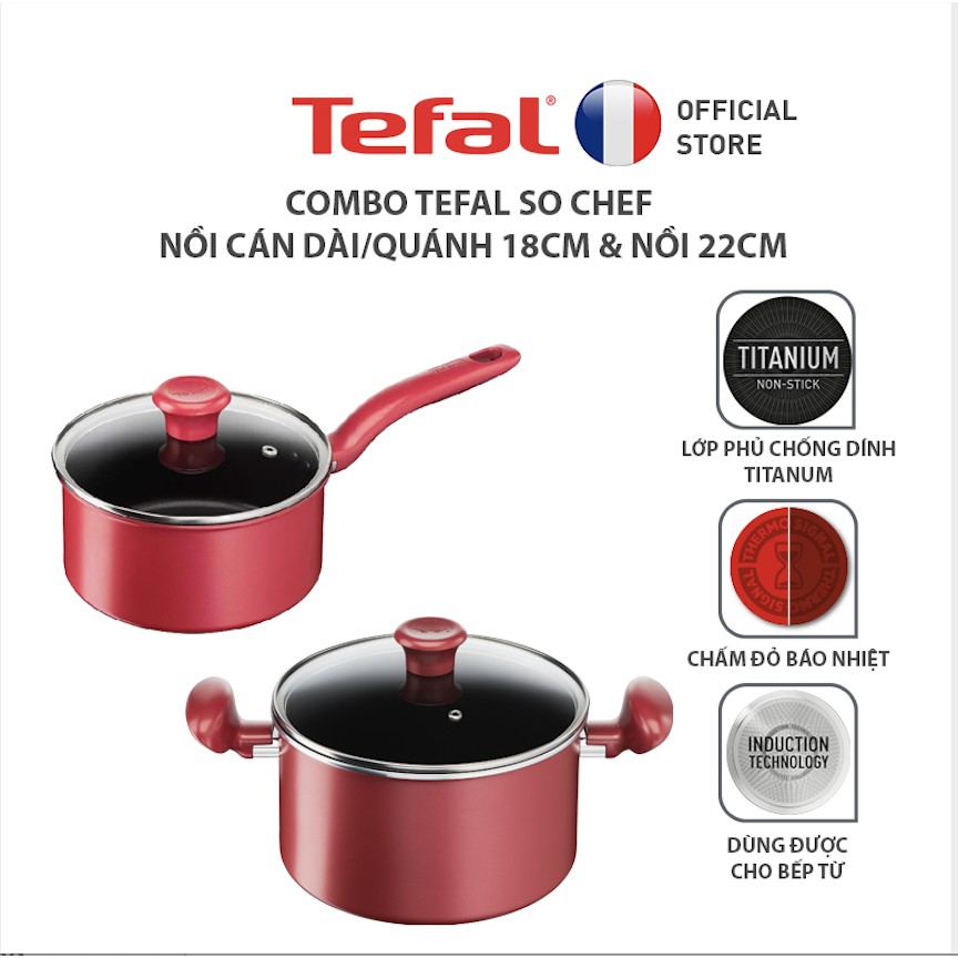 [Mã LIFEHL25 giảm 10% đơn 350K] Combo Tefal So Chef nồi cán dài/quánh 18cm &amp; Nồi 22cm