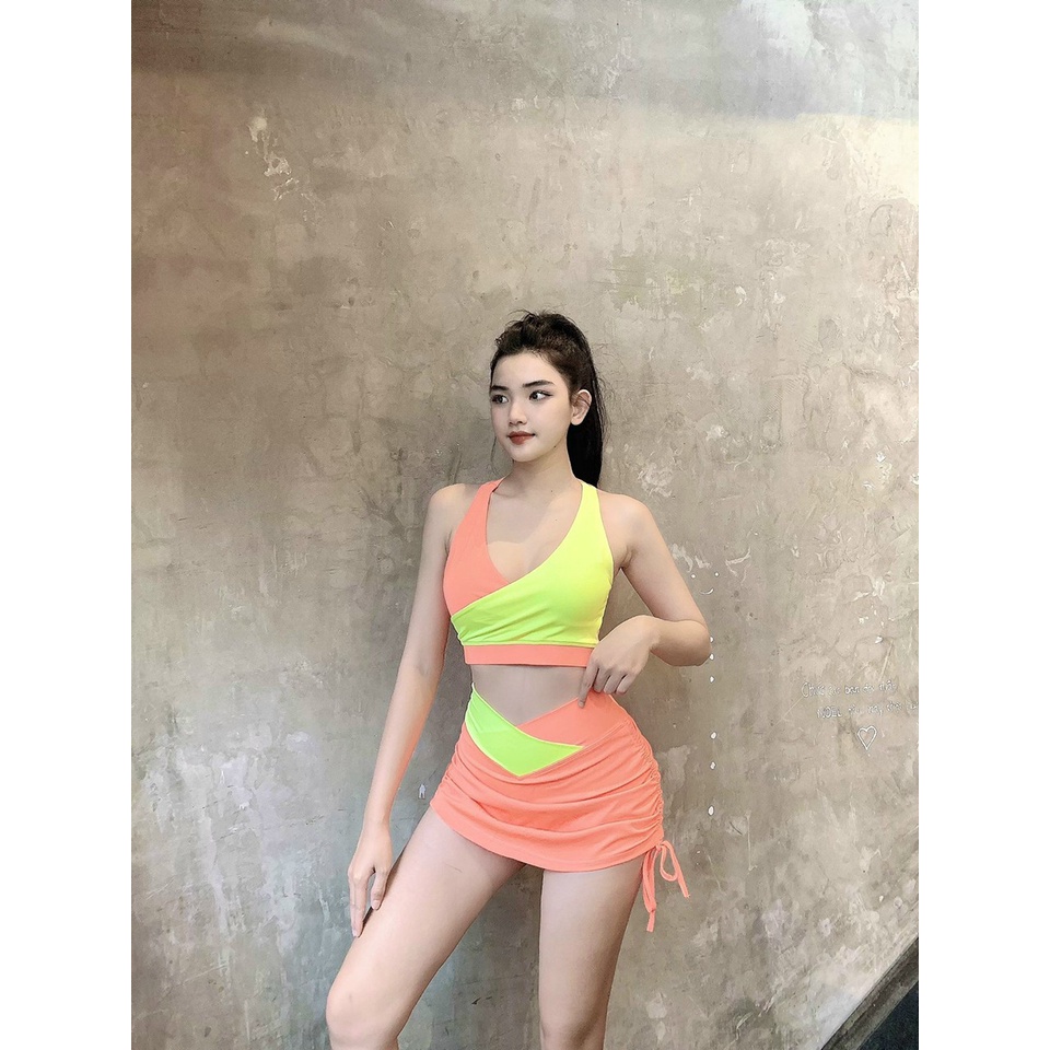 Đồ tập gym nữ, set bộ đùi thể thao phối màu áo bra kèm mút quần đùi váy dây rút Bin Sports BN075