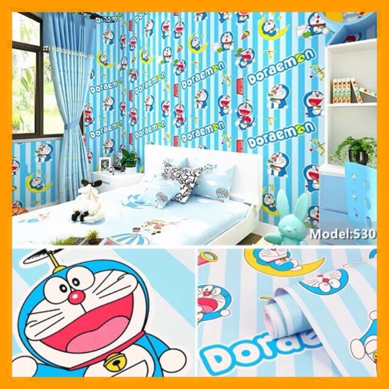 10m giấy dán tường sẵn keo doremon dọc xanh(dài 10m, rộng 45cm/cuôn) 5303.decal trang trí,decor phòng.