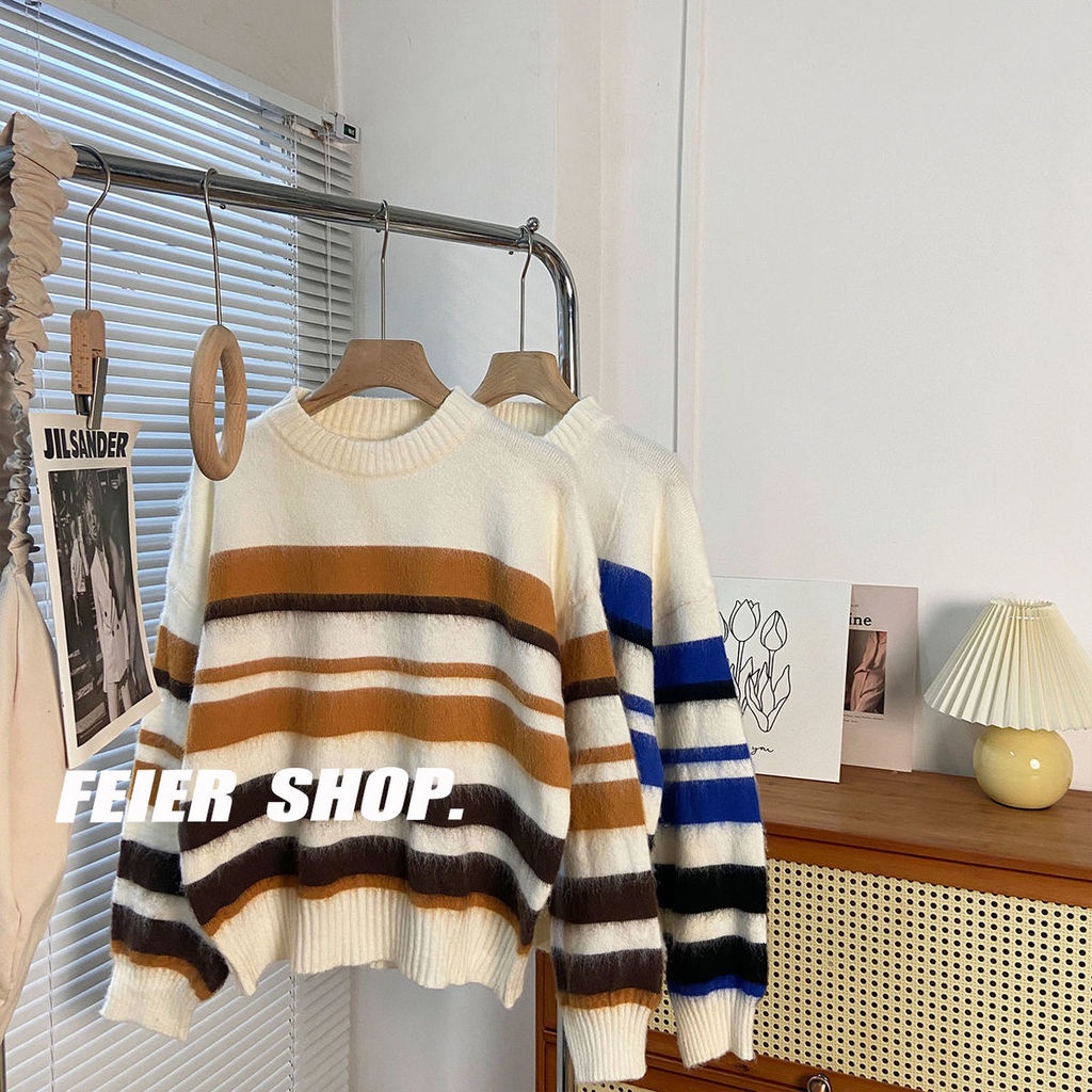 Áo sweater Tay Dài Dáng Rộng Họa Tiết Kẻ Sọc Thời Trang Mùa Thu Mới Cho Nữ