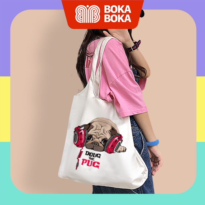 Túi Tote Vải Canvas Quai Tròn Hình Chó Pug Có Khóa Miệng Túi
